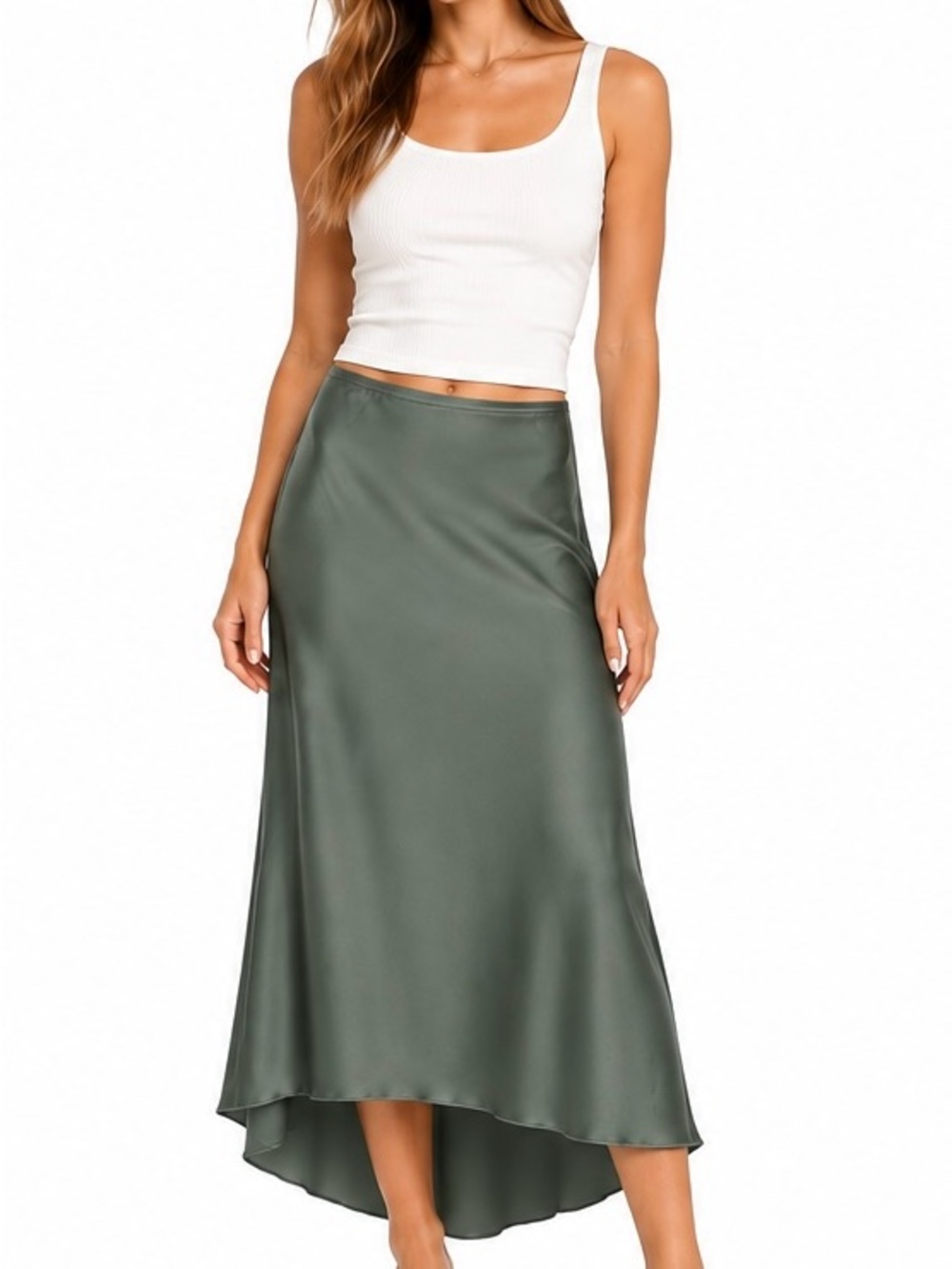 Abercrombie & Fitch Olive Green Satin High-Low Skirt